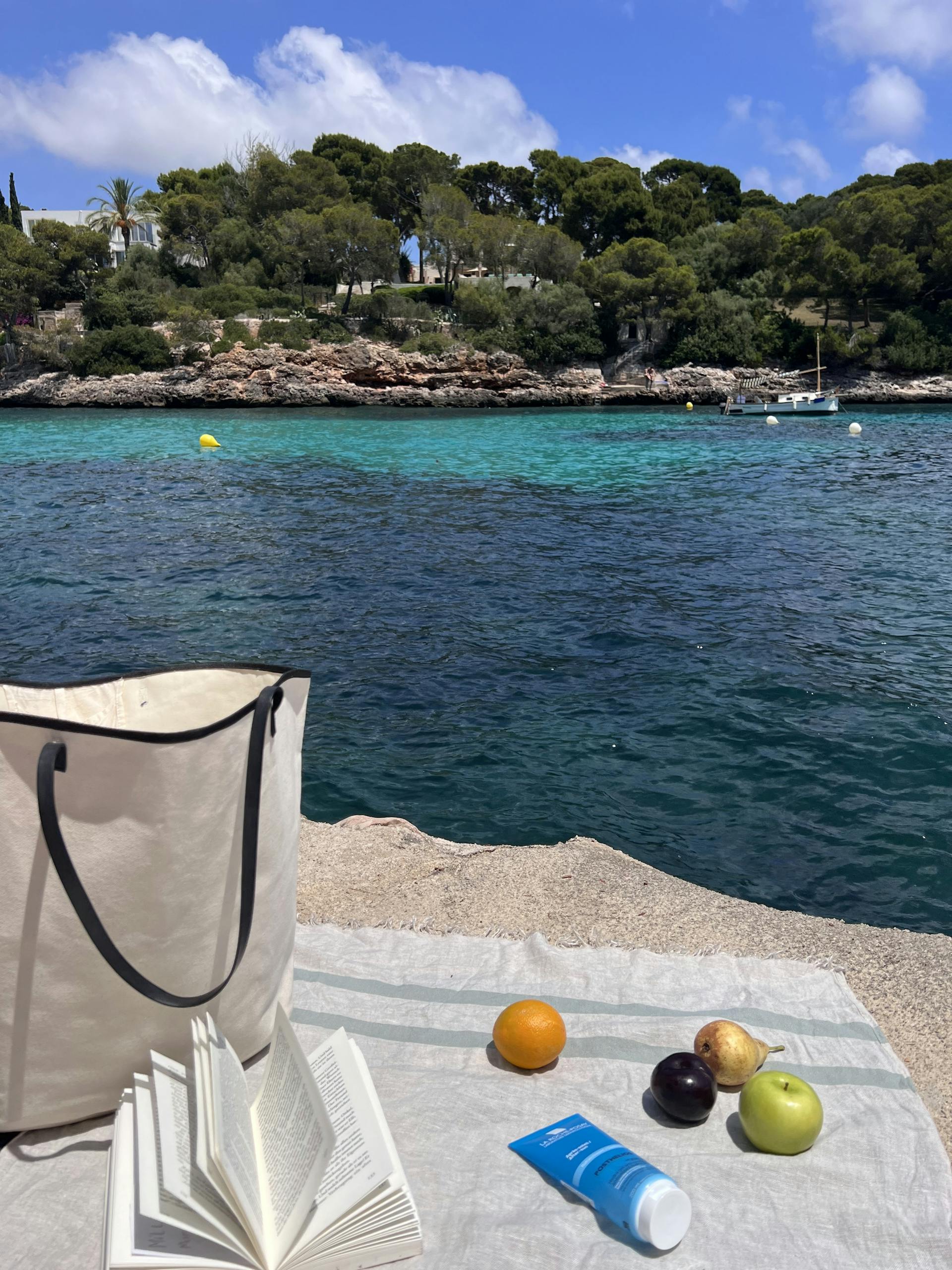Charming seaside picnic scene with a book, fruits, and a bag on the Cala Millor coastline.
