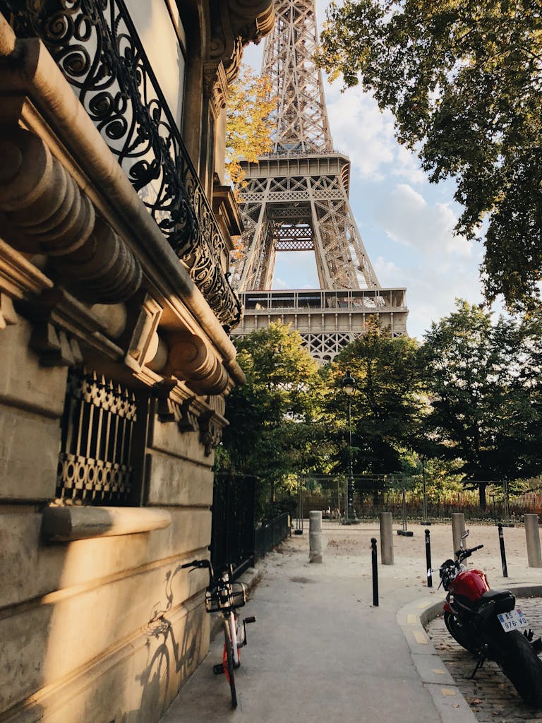 Eiffel Tower view with Parisian street scene and autumn leaves.
