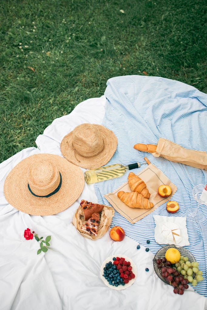 Inviting summer picnic setup with fruits, pastries, and straw hats on a cozy blanket outdoors.