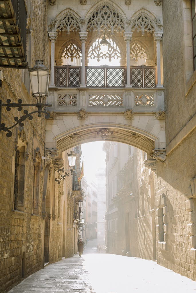 Captivating Gothic footbridge in Barcelona's historic district under the warm sunlight.