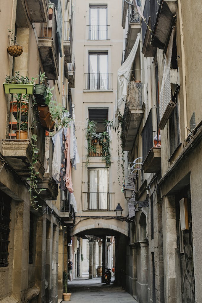 Cozy street view in Barcelona's Gothic Quarter with hanging laundry and lush plants.