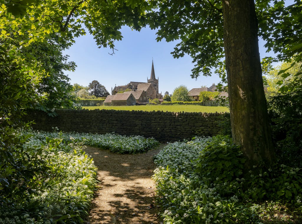 Picturesque view of a historic church framed by lush greenery in a tranquil English village.