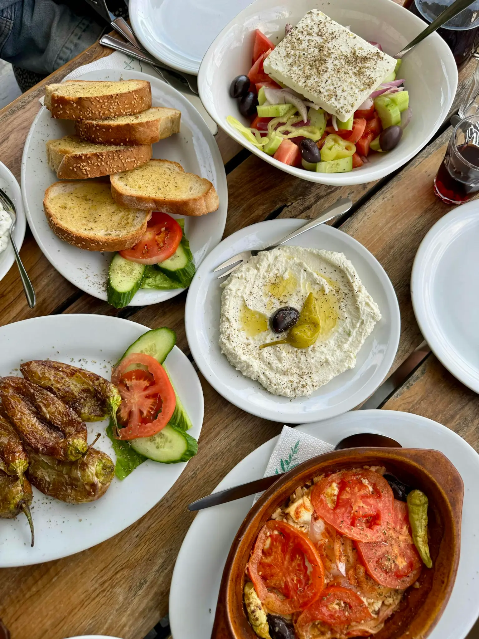 birds eye view of a table of greek food