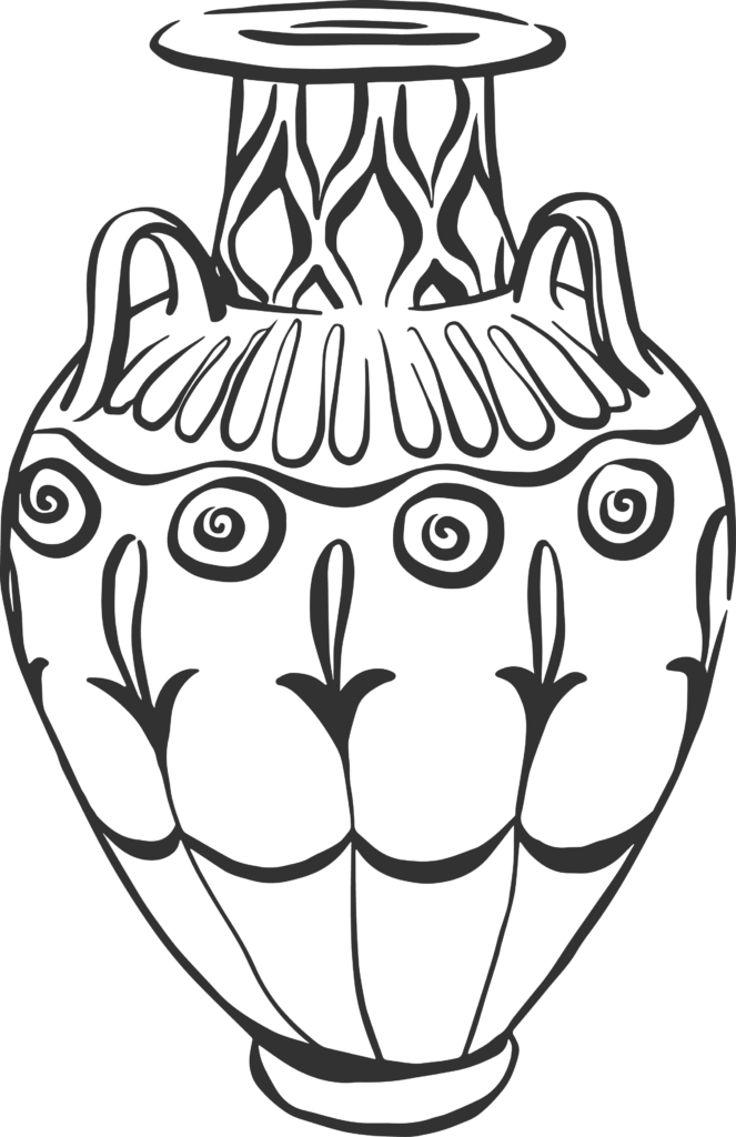 Illustration of a vase with small handles, narrow top and geometric details