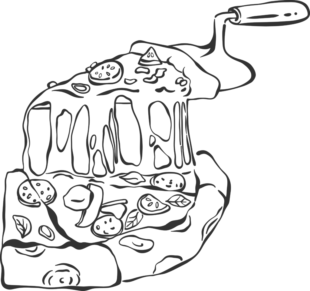 Illustration of a pizza slice on a pizza paddle hovering above other slices