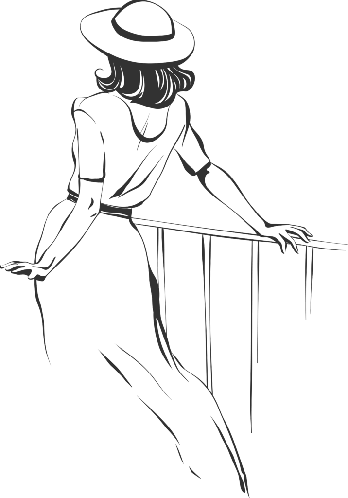 Illustration of woman in a classy dress facing away leaning on a balcony