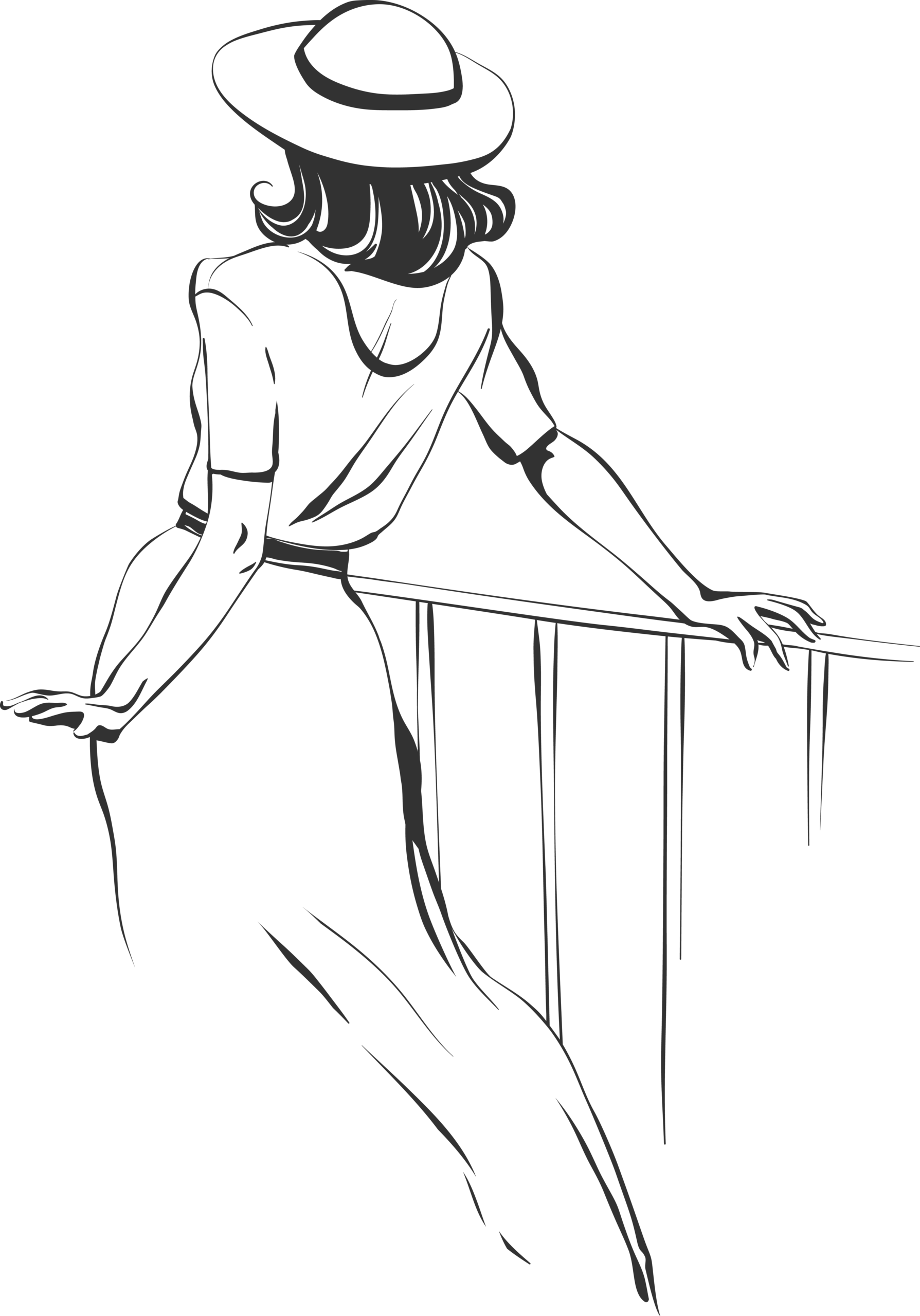 Illustration of woman in a classy dress facing away leaning on a balcony