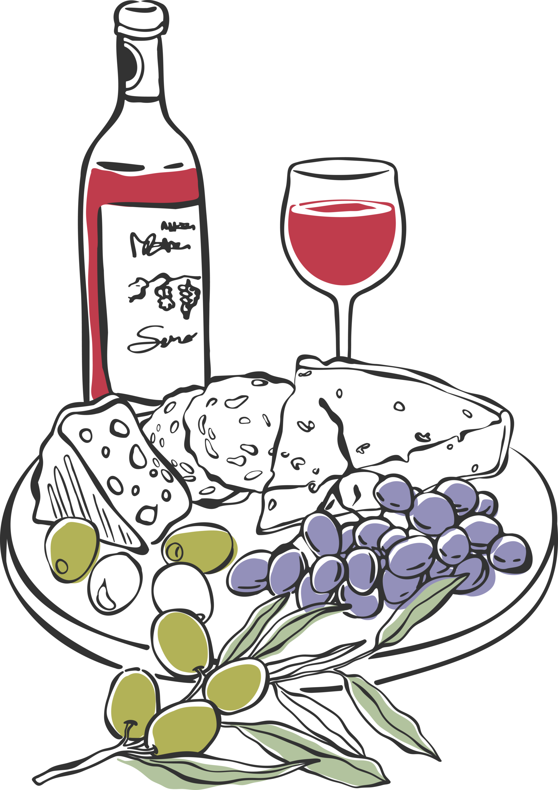 illustration of a wine, cheese and grape platter