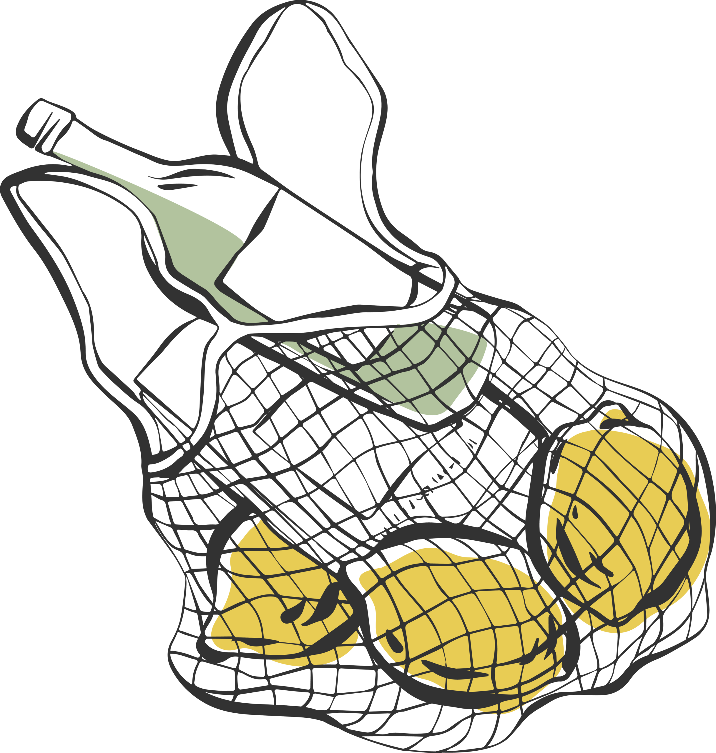 illustration of a a wine glass and lemons inside of a mesh shopping bag